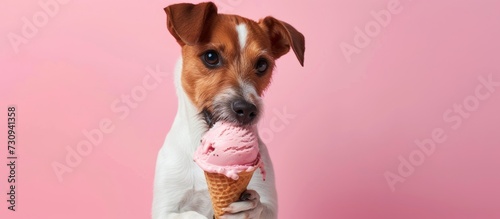 A dog of a fawn-colored breed enjoys an ice cream cone while sitting on a pink background.