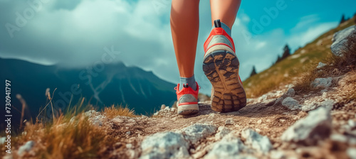 low angle view of legs with sports shoes running on a mountain on summer day , trekking or trail run concept image