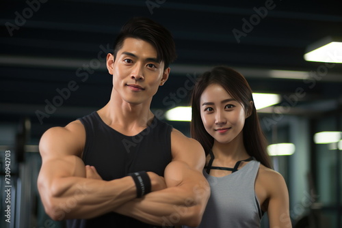 Portrait of asian couple flexing their muscles, working out in gym, health and wellness