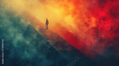 Silhouette of a man walking up stairs going up to success, abstract dusk sunset mist clouds