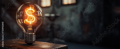 Une ampoule allumée, incandescente en forme de dollar, image avec espace pour texte.