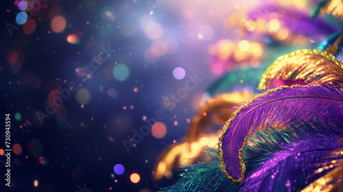 Mardi Gras background with empty copy space. banner with feathers, bokeh on blue backdrop. Carnival. Purim.