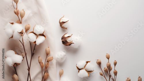 top view cotton flowers background realistic photo