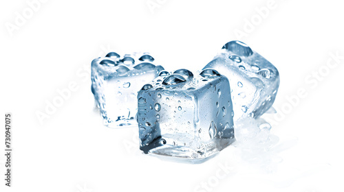 three ice cubes with water droplets on them on a transparent background