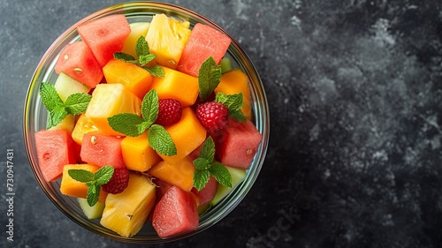 Colorful Fruit Salad in Glass Bowl Top View