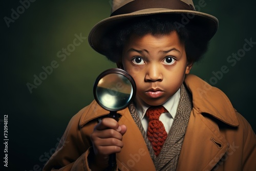 A little child detective investigator, donned in a hat and long suit, poses for a portrait and learning the detective way. Generative AI.
