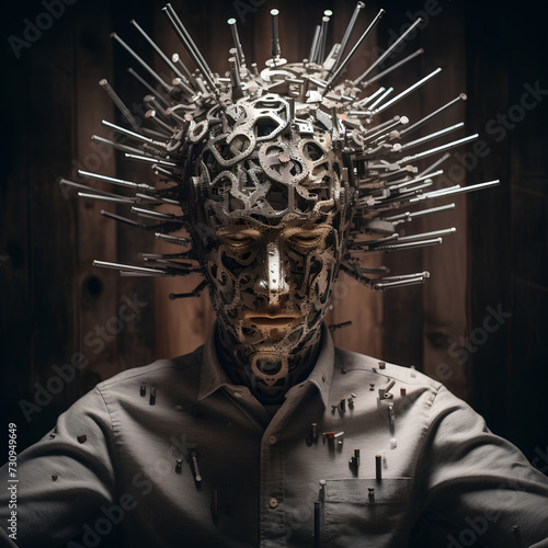 In a grotesque image, a man endures agony with nails piercing his head, evoking shock and horror.