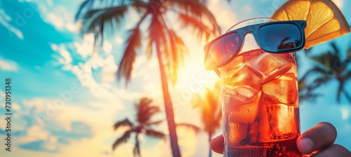 Man enjoying long island iced tea on paradise beach during sunny summer heatwave day with copy space