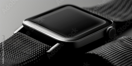 Elegant Smartwatch with Blank Screen mockup. Close-up of a sleek smartwatch with a blank black screen and modern strap on a simple background.