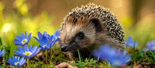 European hedgehog in natural garden habitat with grass and blue anemones, facing forward, during early Spring.