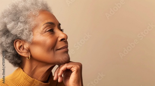 A contemplative woman with gray hair wearing a gold earring resting her chin on her hand against a neutral background.