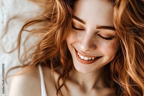 A radiant woman with fiery red hair and playful freckles, exuding joy and confidence as she flashes a stunning smile, framed by long layered locks and accentuated by bold eye makeup in this captivati
