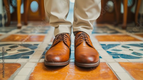 The polished leather of a pair of dress shoes gleams against the worn wooden floor as they await the arrival of their owner, ready to elevate any outfit with their timeless style