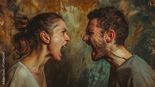 A fiery exchange between a man and woman, their faces contorted with anger and frustration, as a portrait of a kiss hangs in the background, a stark contrast to the heated scene