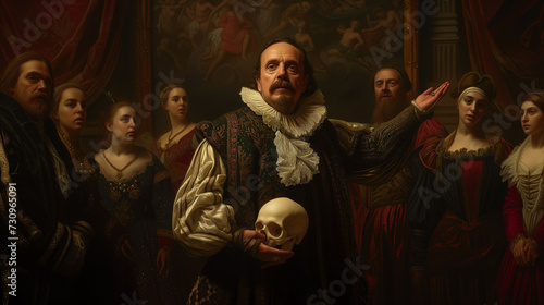 Renaissance style image depictnig William Shakespeare with his famous skull and actors at the theater in the background.