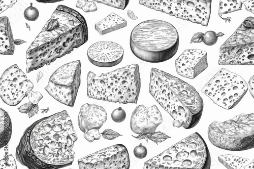Cheese collection. Black and White illustration of cheese types in hand drawn engraving style. Cheese Isolated on white. Generative Ai