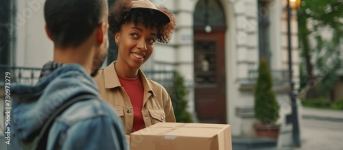 A cheerful woman shares a wooden box with a man on the street, both wearing smiles as they exchange the gift amidst a fun conversation.