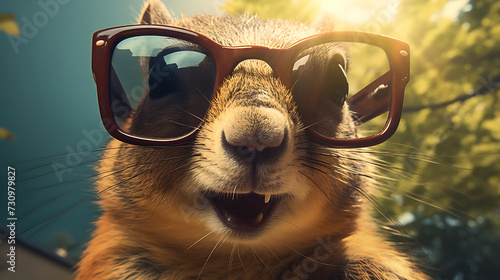 Close-up selfie portrait of a hilarious squirrel wearing sunglasses