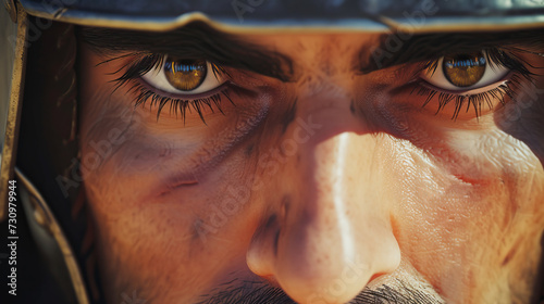Close-up portrait of Spanish colonist explorer in a marion helmet