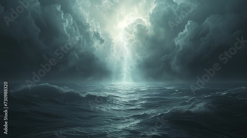 Dark water and a beam of light, in the style of dark sky-blue and light gray, realistic yet stylized, subtle atmospheric perspective, light bronze, and sky 