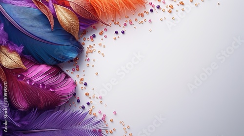 feathers and beads on a white background. place for text, greetings