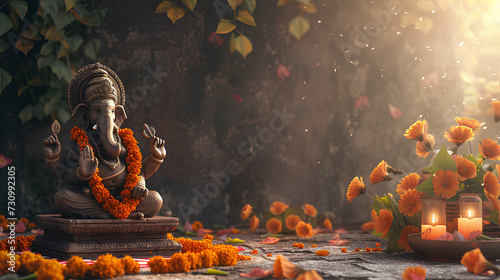 Ancient altar to the god Ganesh in a Hindu temple. Religion and ethnic concept. For Ugadi, Gudi Padwa Hindu New Year celebration. Lifestyle shot for wallpaper, banner, poster