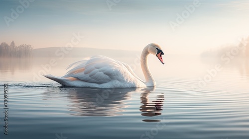 Elegant swan on calm lake, smooth glide, symmetrical reflection, meditative ambience