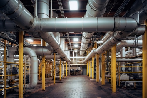 A labyrinth of air ducts in an industrial setting, with a backdrop of exposed brickwork and a web of electrical conduits