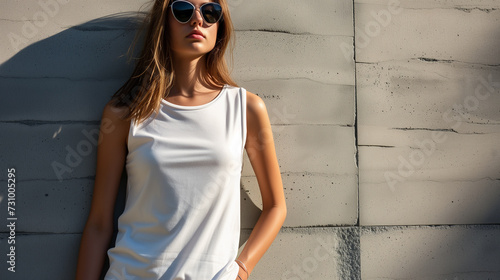 Attractive young woman wearing blank empty white tank top mockup for design template in the city street