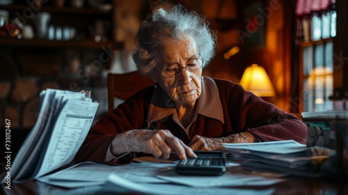 Old woman calculating taxes with a paperwork and tax forms