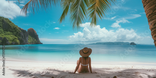 A woman enjoys the solitude on a tropical beach, with a view of majestic limestone cliffs and calm azure waters.