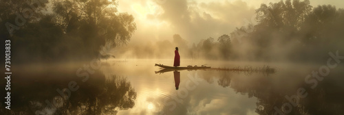 Lone figure on a canoe in misty waters at dawn.