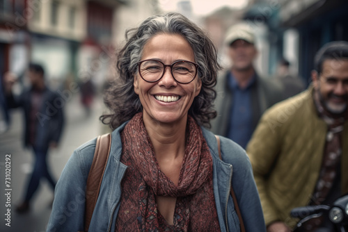 portrait of a smiling middle aged South American woman with glasses