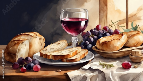 Eucharist sacrament chalice symbols bread and wine hosts illustration. AI generated