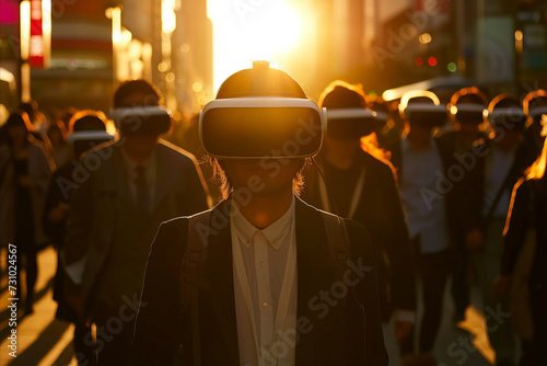 A crowd of commuters going to work wearing virtual reality VR headsets