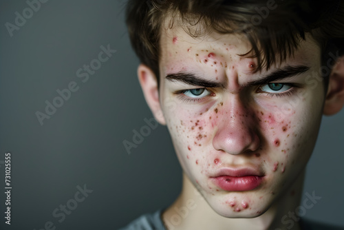 Teenage looks embarrassed and confused about the pimples that are showing up all over his face.