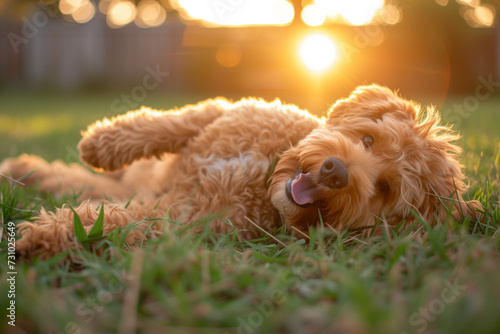 A goldendoodle puppy laying in the grass with the sun setting behind it.