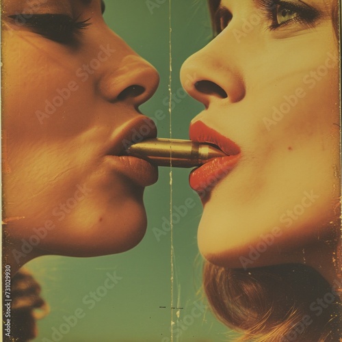 retro poster on the theme of disarmament .model holding a bullet with her lips