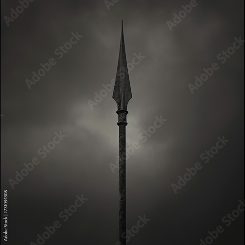 Antique spear against a background of gray sky with clouds