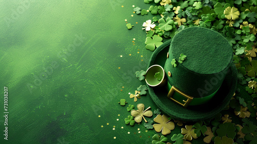 Green leprechaun hat with clover for St. Patrick's Day on green background