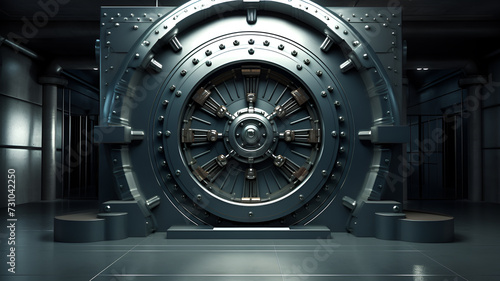  A 3D-rendered photorealistic image showcases a large and heavy bank vault door, symbolizing security for money and valuables.