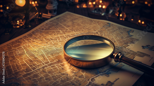 Closeup of a magnifying glass over the urban map of a city at night to find a location. Detective atmosphere, investigation, and pursuit for a police-themed wallpaper
