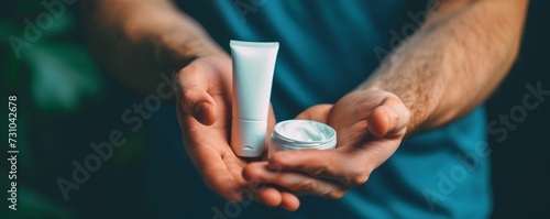 A gentleman is shown applying lotion to his hand, holding a tube of cream and gently squeezing the contents onto his other hand. The focus is prominently on the product being applied.