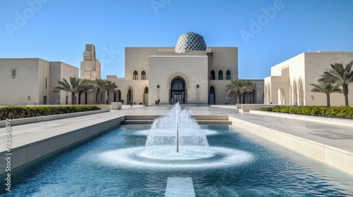 Fountain against the backdrop of a classic Persian palace made of light stone.