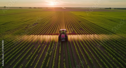 Tractor spraying pesticides in soybean field during springtime on green agricultural.