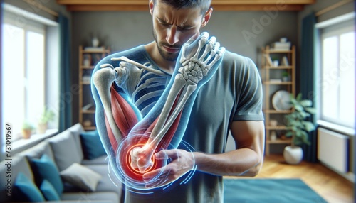 Men with an apparent digital overlay of human anatomy, focusing on arm muscles and skeletal structure.