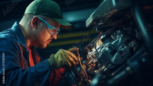 A skilled engineer wearing safety goggles while fine-tuning an engine