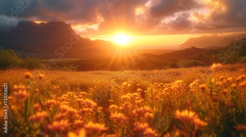 the sun is setting over a field with wildflowers in the foreground and a mountain range in the background.