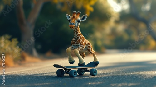 a giraffe is riding on a skateboard on the side of the road with trees in the background.