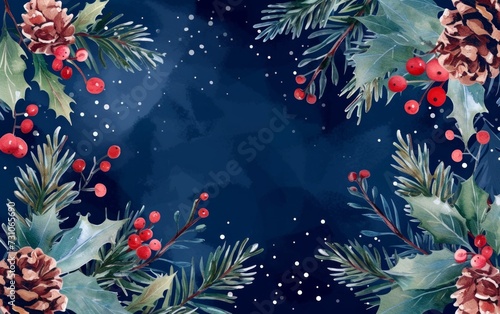 Christmas card: mistletoe, holly, pinecones, evergreen, berries, snowflakes on dark blue. Greeting or invitation template, watercolor art.